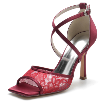 Burgundy Lace Cross Strap Stiletto Heel Sandals Wedding Shoes