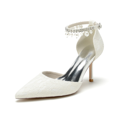 Beige Lace D'orsay Pumps Heels Pearl Ankle Strap Stiletto Bridal Shoes