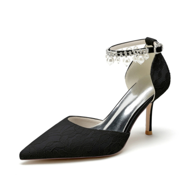 Black Lace D'orsay Pumps Heels Pearl Ankle Strap Stiletto Bridal Shoes