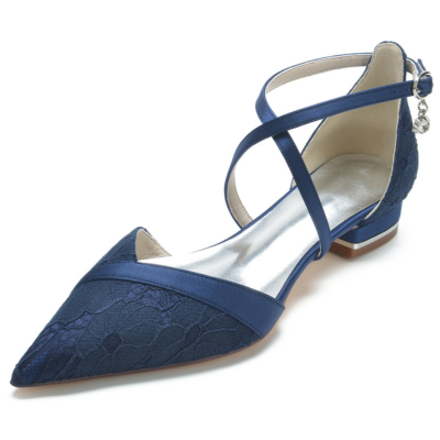 Navy Lace Flat Pumps Criss Cross Strap Pointed Toe Flats for Wedding