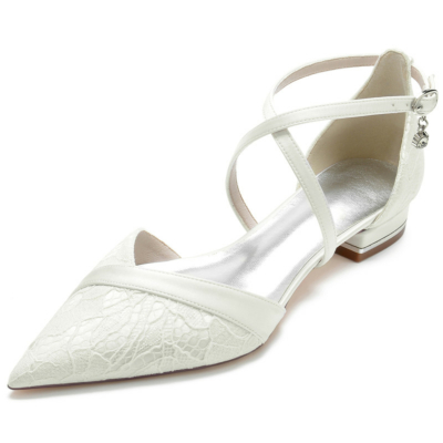 Ivory Lace Flat Pumps Criss Cross Strap Pointed Toe Flats for Wedding