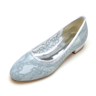 Light Blue Lace Flowers Hollow out Round Toe Flats Wedding Shoes