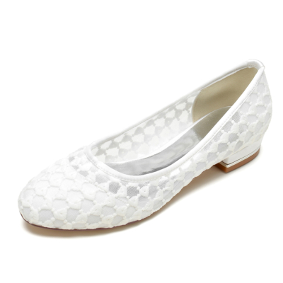 White Lace Flowers Hollow out Round Toe Flats Wedding Shoes