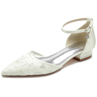 Ivory Lace Pointed Toe Ankle Strap Flat Shoes for Hollow Out