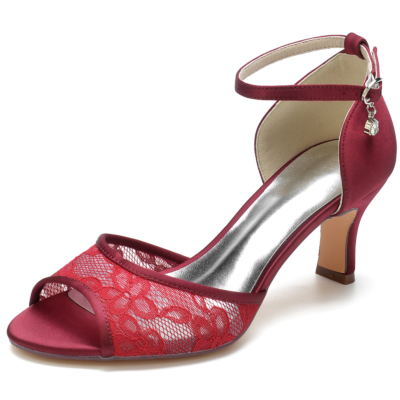 Burgundy Lace Peep Toe Low Heel Ankle Strap Sandals for Bride