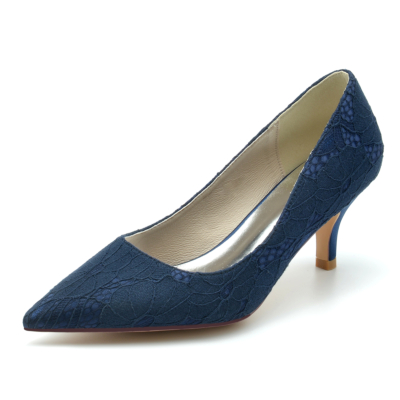 Navy Lace Pumps Closed Toe Shoes Kitten Heels For Work