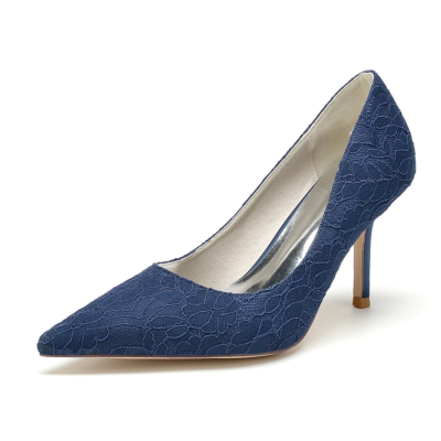 Navy Lace Pumps High Heels Pointed Toe Wedding Stiletto Shoes