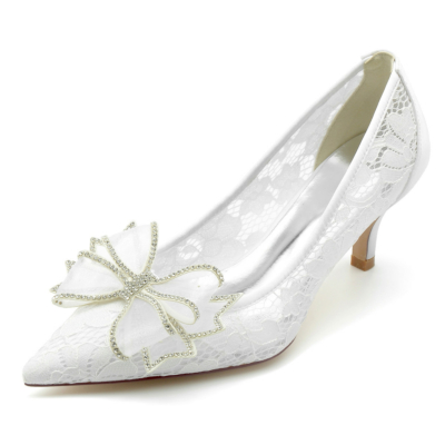 White Lace Pumps with Bow Low Heels Dress Shoes For Wedding