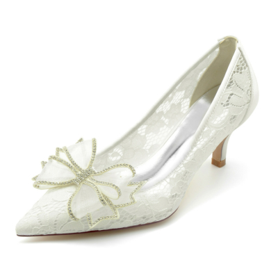 Ivory Lace Pumps with Bow Low Heels Dress Shoes For Wedding