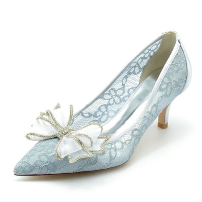 Blue Lace Pumps with Bow Low Heels Dress Shoes For Wedding