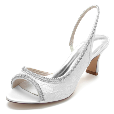White Lace Rhinestone Open Toe Spool Heel Slingback Sandals