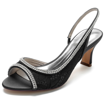 Black Lace Rhinestone Open Toe Spool Heel Slingback Sandals