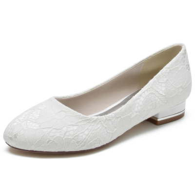 White Lace Round Toe Ballet Shoes Wide Width Wedding Flat