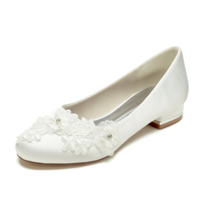 Beige Lace Satin Flowers Round Toe Flat Wedding Shoes