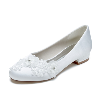 White Lace Satin Flowers Round Toe Wide Width Flat Wedding Shoes