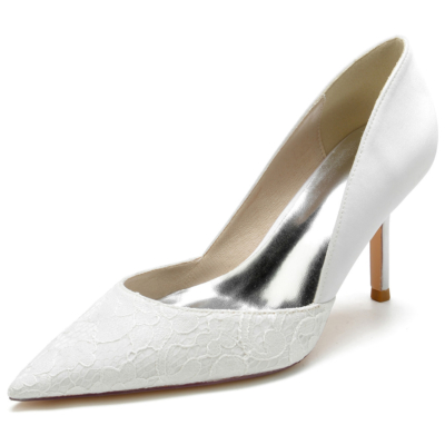 White Lace&Satin Side V Vamp Pumps Stiletto Heels Shoes For Wedding
