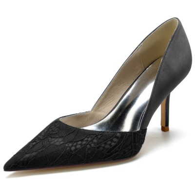 Black Lace&Satin Side V Vamp Pumps Stiletto Heels Shoes For Wedding