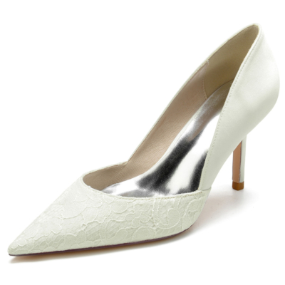 Ivory Lace&Satin Side V Vamp Pumps Stiletto Heels Shoes For Wedding