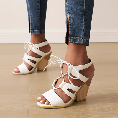 White Lace Up Gladiator Shoes Open Toe Strappy Chunky Heel Sandals