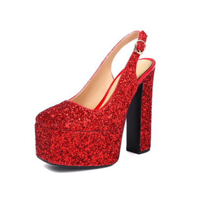 Red Lace Up Glitter Platform Slingback Chunky Heels Sequin Dresses Shoes
