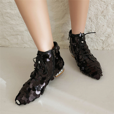 Black Lace Up Sequin Ankle Boots Pearl Jeweled Flats Boots For Party