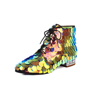 Multicolor Lace Up Sequin Ankle Boots Pearl Jeweled Flats Boots For Party