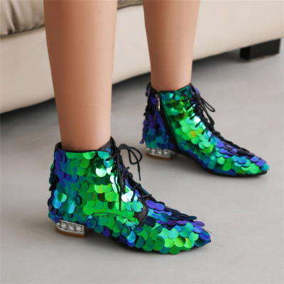 Green Lace Up Sequin Ankle Boots Pearl Jeweled Flats Boots For Party