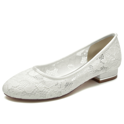 Ivory White Lace Wedding Flat Round Toe Bride Shoes