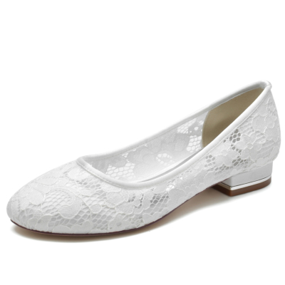 White Lace Wedding Flat Round Toe Bride Shoes