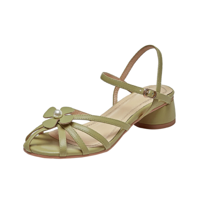 Green Leather Cut-Out Flower Buckle Sandals Shoes with Low Chunky Heels