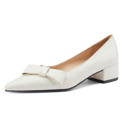 White Leather Pointed Toe Shoes Flats 2021 Bow Pumps