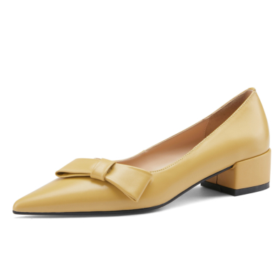 Yellow Leather Pointed Toe Shoes Flats 2021 Bow Dress Pumps