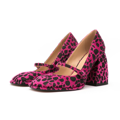 Magenta Leopard Print Chunky Heel Mary Jane Pumps Square Toe Faux Fur Dress Shoes