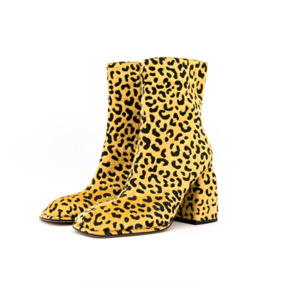 Yellow Square Toe Boots Leopard Print Horsehair Zip Chunky Heel Ankle Boots