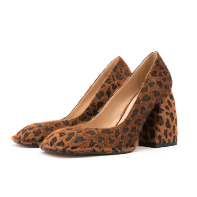 Brown Leopard Print Faux Fur Chunky High Heel Pumps Comfortable Heeled Shoes