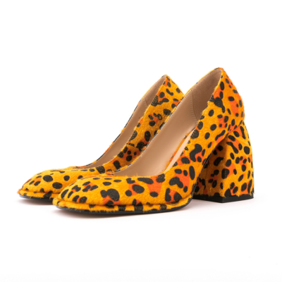 Yellow Leopard Print Faux Fur Chunky High Heel Pumps Comfortable Heeled Shoes