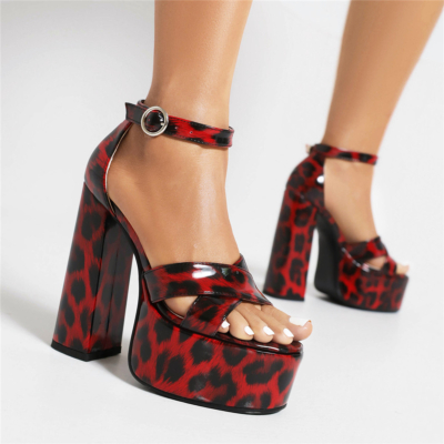 Red Leopard Printed Chunky Heel Platform Sandals Ankle Strap Dresses Shoes