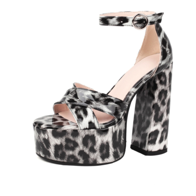 Leopard Printed Chunky Heel Platform Sandals Ankle Strap Dresses Shoes