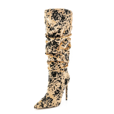Leopard Printed Faux Fur Boots Glitter Slouch Knee High Boots High Heels