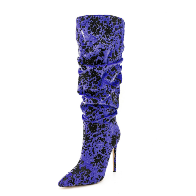 Blue Leopard Printed Faux Fur Boots Glitter Slouch Knee High Boots High Heels