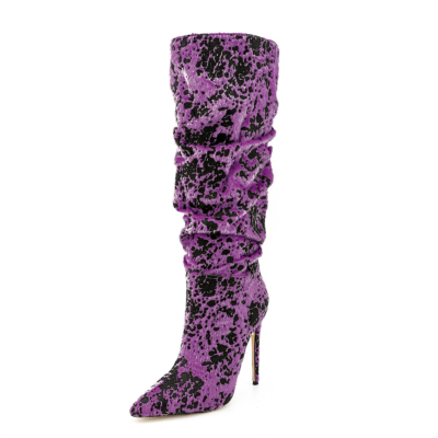 Purple Leopard Printed Faux Fur Boots Glitter Slouch Knee High Boots High Heels