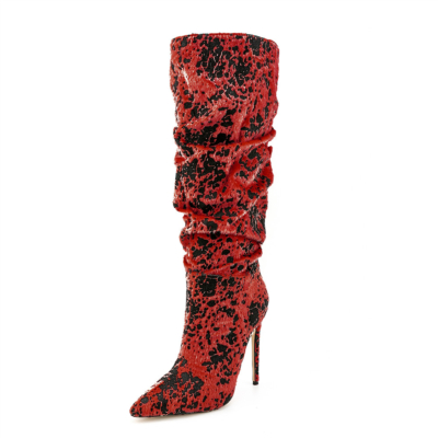 Red Leopard Printed Faux Fur Boots Glitter Slouch Knee High Boots High Heels