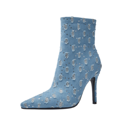Light Blue Denim Pointed Toe Stiletto Heel Ankle Boots
