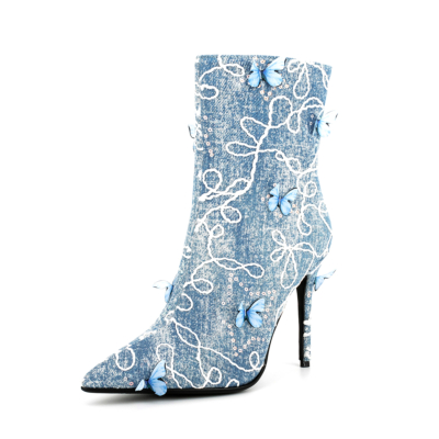Light Blue Denim Sequin Ankle Boots Butterfly Stiletto Dress Boots