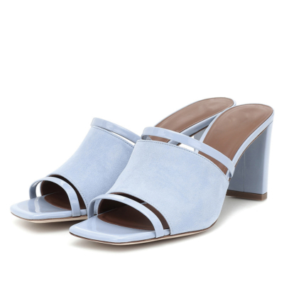 Light Blue Open Toe Block Heels Mule Sandals for Summer