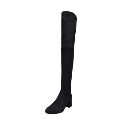 Black Suede Low Heel Stretch Over The Knee Boots Pull-on Thigh High Boots