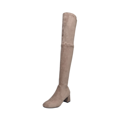 Khaki Suede Low Heel Stretch Over The Knee Boots Pull-on Thigh High Boots