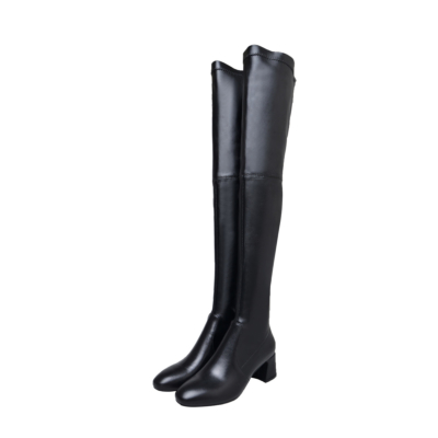 Black Leather Low Heel Stretch Over The Knee Boots Pull-on Thigh High Boots