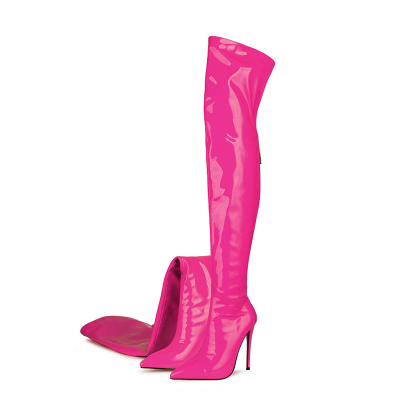 Neon Fuchsia High Heel Boots Stiletto Thigh High Boots With Back Zipper