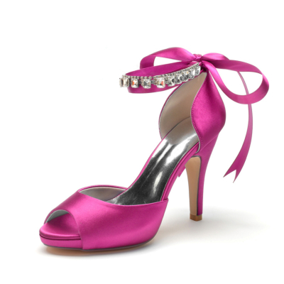 Magenta Peep Toe Bow Wedding Shoes Ankle Strap  Stiletto Heel Platform Sandals